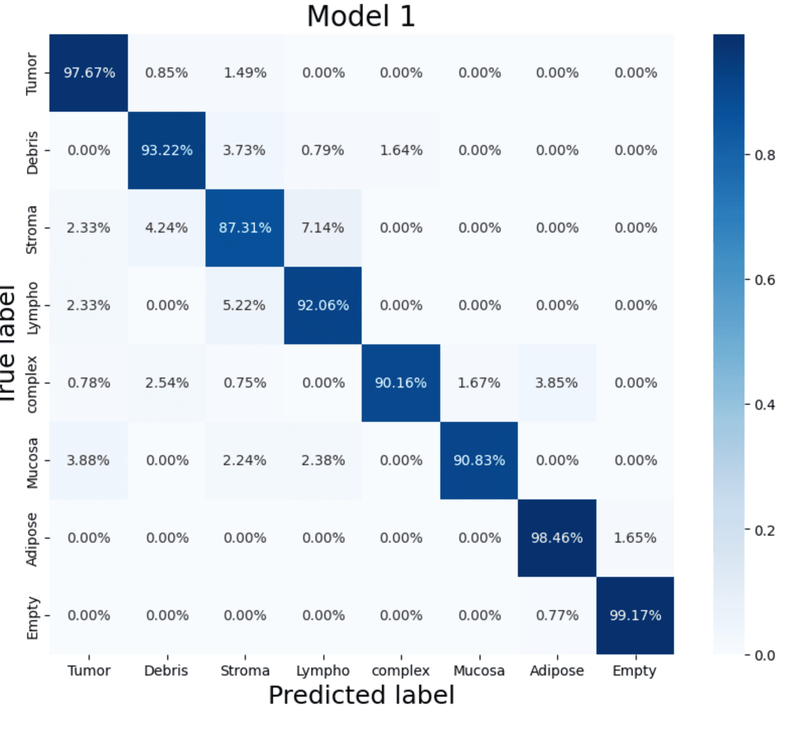 Normalised confusion matrix for the custom CNN, with per-class accuracy from 87% to 99% across eight tissue types